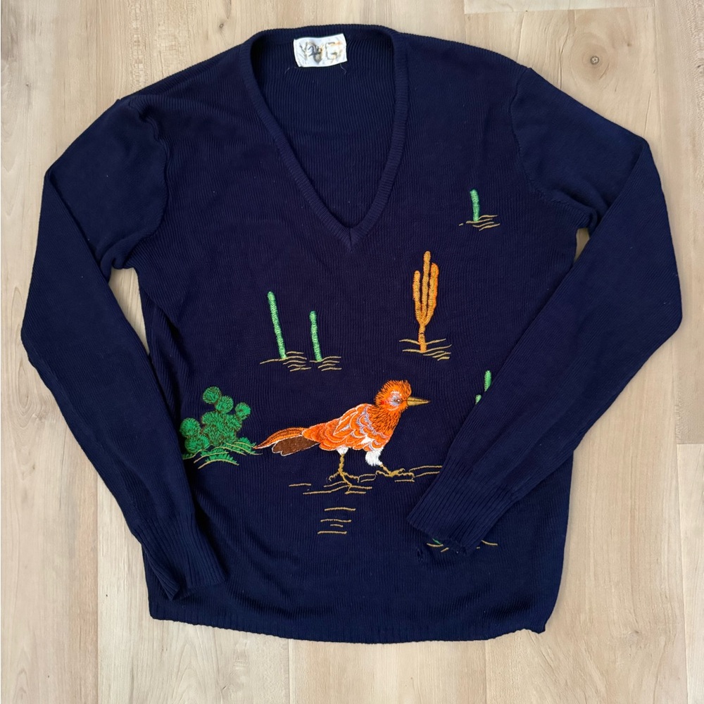 RARE Vintage, Navy V-Neck Sweater with Desert Embroidery| Southwest style